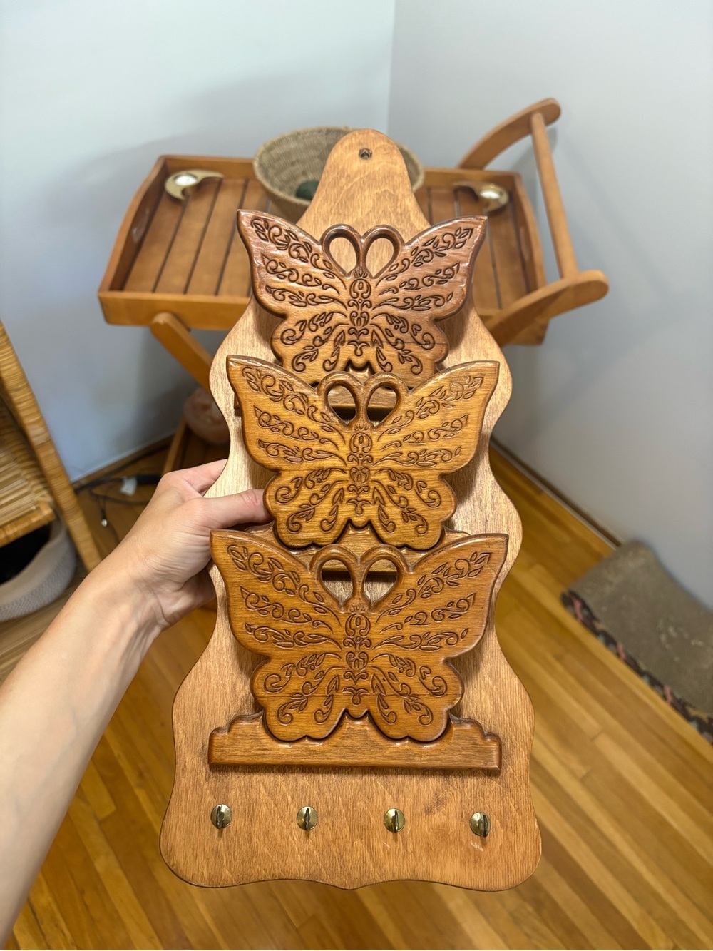 Vintage Carved Wood 70s Retro Butterfly Mail Holder Key Rack Wall Hanging 19.25” - Picture 2 of 5